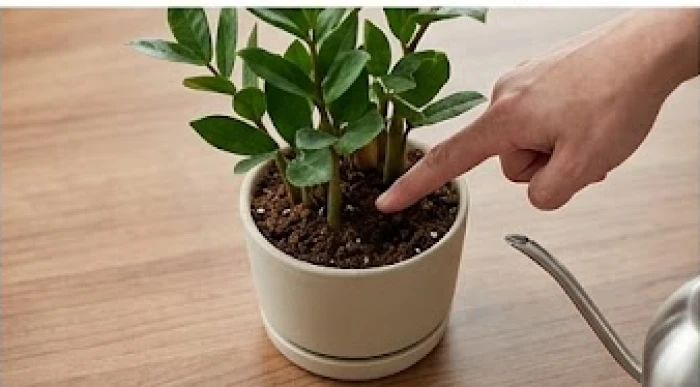 Thao tác kiểm tra độ ẩm đất chậu cây kim tiền bằng ngón tay trước khi tưới định kỳ tại bàn làm việc văn phòng
