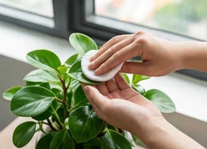 Khăn vải mềm ẩm lau nhẹ từng phiến lá xanh của chậu cây bên bệ cửa sổ để giúp cây quang hợp tốt hơn