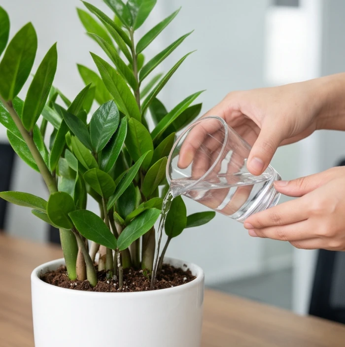 Người văn phòng dùng cốc đong nhỏ tưới lượng nước chính xác vào sát gốc cây Kim Tiền trong phòng điều hòa