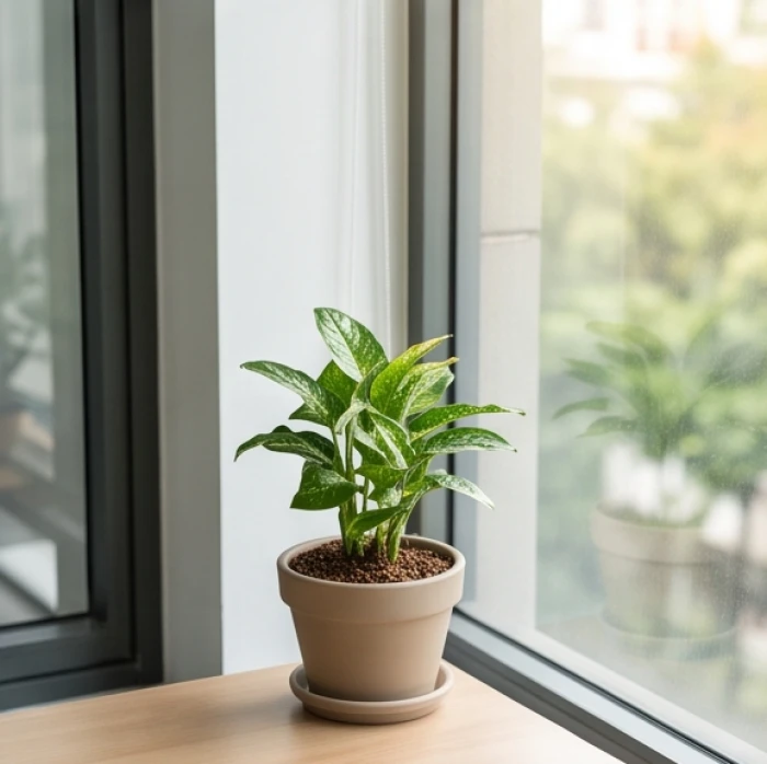 Chậu cây xanh văn phòng được đặt cạnh khung cửa sổ kính đón ánh sáng tự nhiên dịu nhẹ vào ngày cuối tuần