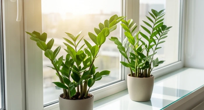 Chậu cây kim tiền lá xanh bóng mượt đặt trên bệ cửa sổ kính ngập nắng ấm buổi sáng để quang hợp