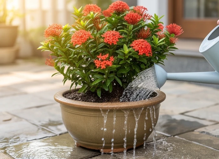 Chậu hoa mẫu đơn đỏ bung nở rực rỡ được tưới đẫm nước vào gốc lúc sáng sớm trong sân vườn