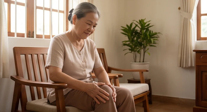 Người phụ nữ lớn tuổi đang xoa bóp nhẹ nhàng khớp gối và bả vai để giảm thiểu tình trạng đau nhức thoái hóa khớp