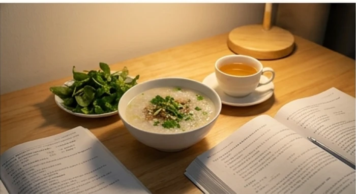 Bát cháo dinh dưỡng ấm nóng cùng ly trà thảo mộc đặt gọn gàng bên bàn học ôn thi ban đêm