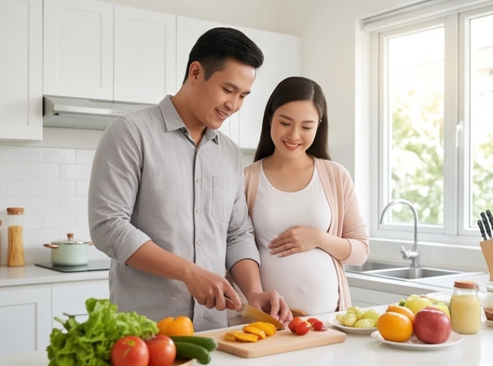 Người chồng ân cần chuẩn bị bữa ăn giàu dinh dưỡng và hoa quả tươi cho người vợ đang mang thai tại gian bếp
