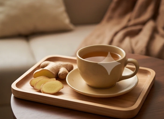 Người tuổi Hợi giữ ấm cơ thể và chuẩn bị ly trà gừng mật ong ấm nhằm bảo vệ sức khỏe đường hô hấp trong tiết trời giao mùa