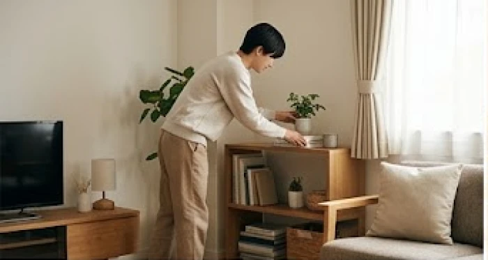 Người phụ nữ sắp xếp đồ đạc gọn gàng trong không gian phòng khách hiện đại