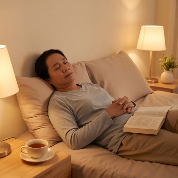 Gia chủ thư thái đọc sách và thưởng thức trà thảo mộc ấm trong phòng ngủ yên tĩnh để chuẩn bị nghỉ ngơi sớm vào buổi tối