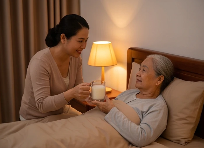 Con cháu pha ly sữa ấm và trò chuyện trước giờ ngủ để xoa dịu tâm lý lo âu của người lớn tuổi