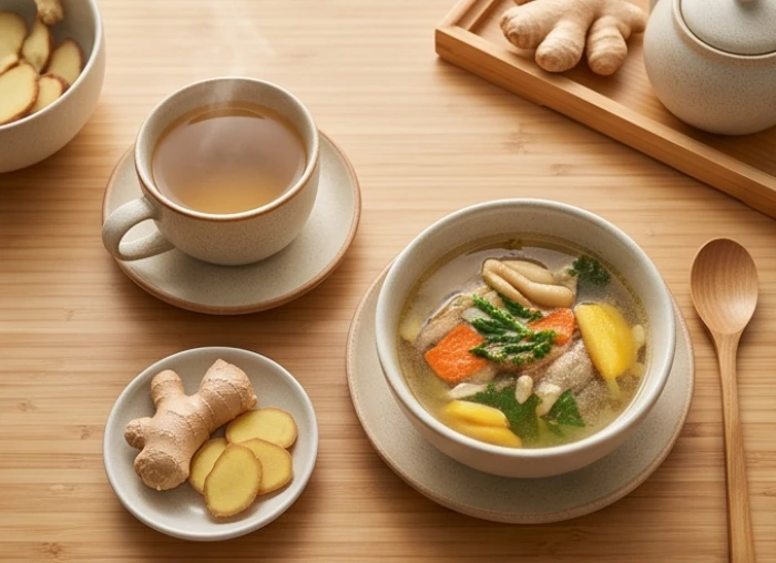 Tách trà thảo mộc ấm áp cùng các món ăn nhẹ thanh đạm giúp hỗ trợ tốt cho hệ tiêu hóa