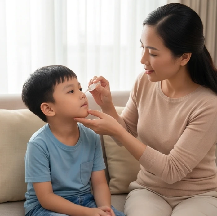 Người mẹ cẩn thận nhỏ nước muối sinh lý vệ sinh mũi cho bé trai trong mùa giao mùa để phòng tránh hạn hô hấp