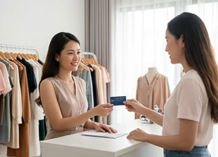 Quầy chăm sóc khách hàng tại cửa hàng thời trang với dịch vụ hỗ trợ chu đáo và thẻ tích điểm ưu đãi
