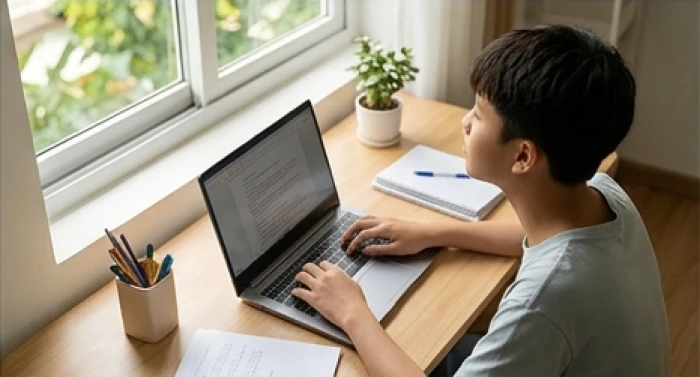 Học sinh áp dụng quy tắc nghỉ ngơi bảo vệ mắt khi ngồi học trước màn hình máy tính trong giai đoạn ôn thi học kỳ