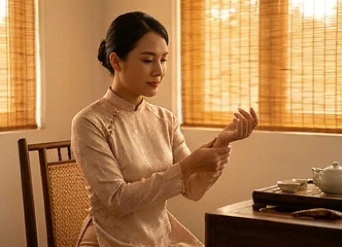 Một người phụ nữ nhẹ nhàng xoa bóp khớp tay và thư giãn mắt sau thời gian làm việc căng thẳng.