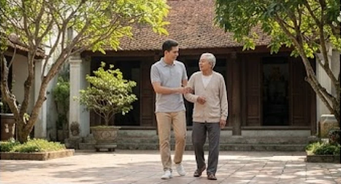Con cháu đang ân cần dìu bậc cao niên đi dạo trong khoảng sân ngập nắng của gia đình