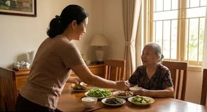 Người con gái đang ân cần chuẩn bị bữa ăn nhẹ dinh dưỡng cho người mẹ già trên tám mươi tuổi tại nhà