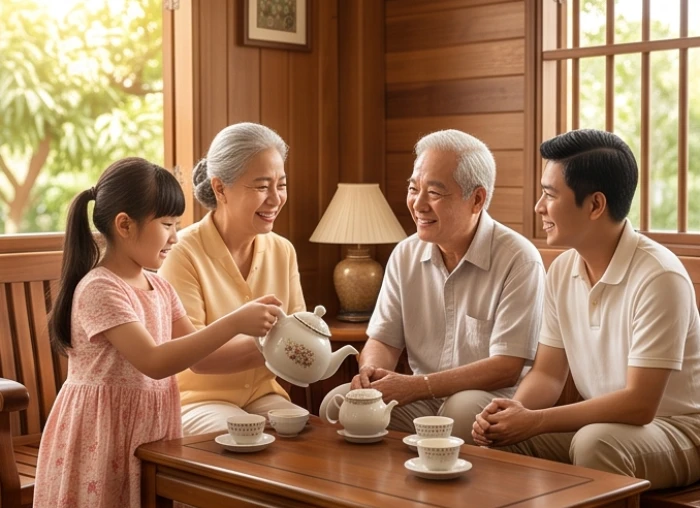 Con cháu quây quần rót trà hỏi han sức khỏe ông bà tuổi Nhâm Ngọ trong không gian ấm cúng
