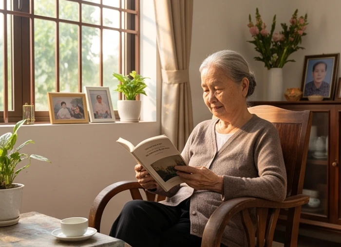 Người cao tuổi đang thư giãn đọc sách bên cửa sổ trong không gian phòng khách bình yên
