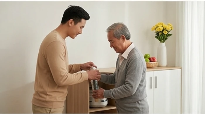 Con cháu hỗ trợ ông bà 73 tuổi lấy vật dụng và di chuyển trong nhà để an toàn xương khớp