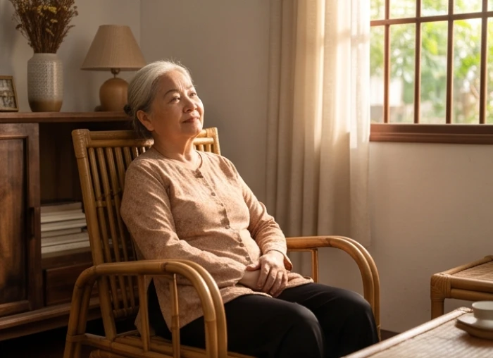 Người cao tuổi sinh năm 1941 nghỉ ngơi trong phòng ngủ với ánh sáng tự nhiên ấm áp và không gian yên tĩnh