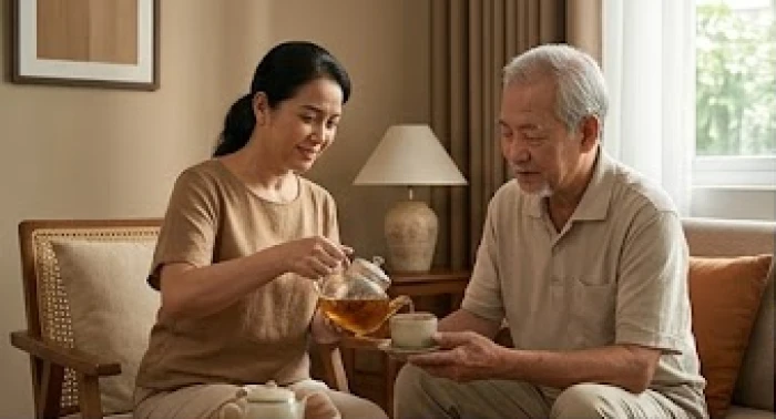 Con gái ân cần rót trà và trò chuyện cùng người cha lớn tuổi mệnh Bạch Lạp Kim trong không gian bình yên