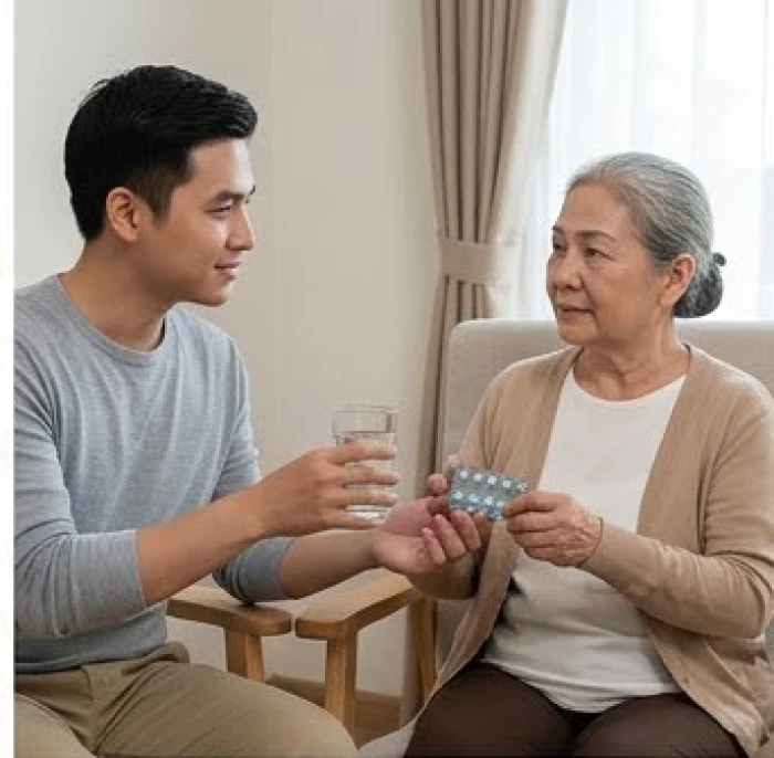 Sự kiên nhẫn của người trẻ khi chăm sóc và hướng dẫn người già uống thuốc đúng giờ