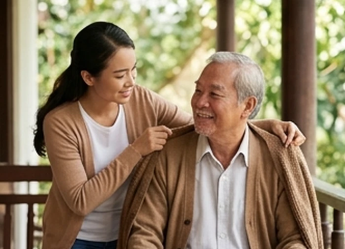 Người con gái đang ân cần khoác thêm chiếc áo len ấm cho người cha cao tuổi khi thời tiết bắt đầu chuyển lạnh