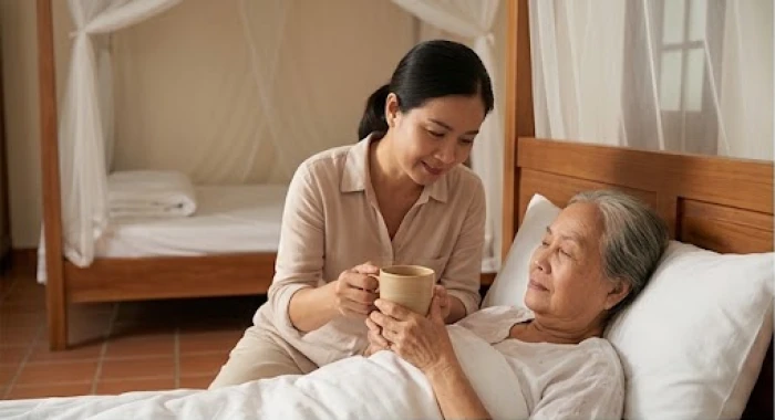 Người con gái ân cần dâng ly nước ấm cho mẹ già đang nằm nghỉ ngơi trên chiếc giường êm ái với ánh mắt ấm áp