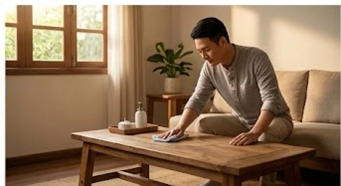 Người chồng đang lau dọn bàn ghế phòng khách để thể hiện sự quan tâm thay cho lời xin lỗi