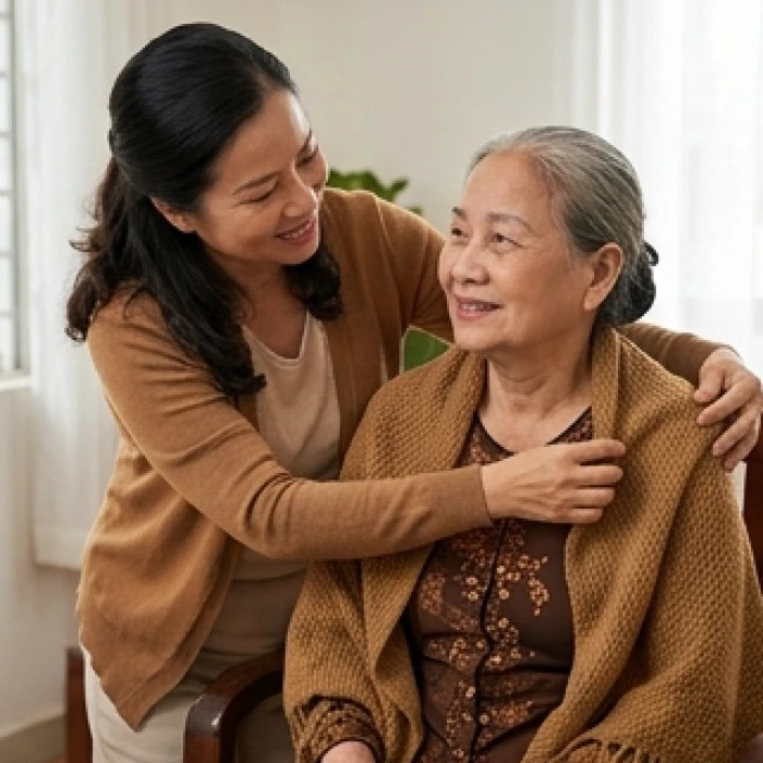 Người con gái đang ân cần khoác thêm chiếc áo ấm màu trầm cho người mẹ lớn tuổi trong phòng khách