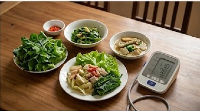 Bữa ăn dinh dưỡng với nhiều rau xanh và chiếc máy đo huyết áp điện tử cá nhân