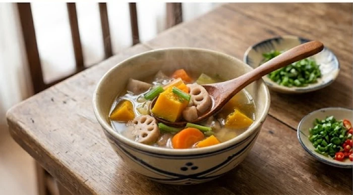 Nồi canh hầm rau củ quả ấm nóng và giàu dinh dưỡng được dùng cho bữa tối quây quần của gia đình