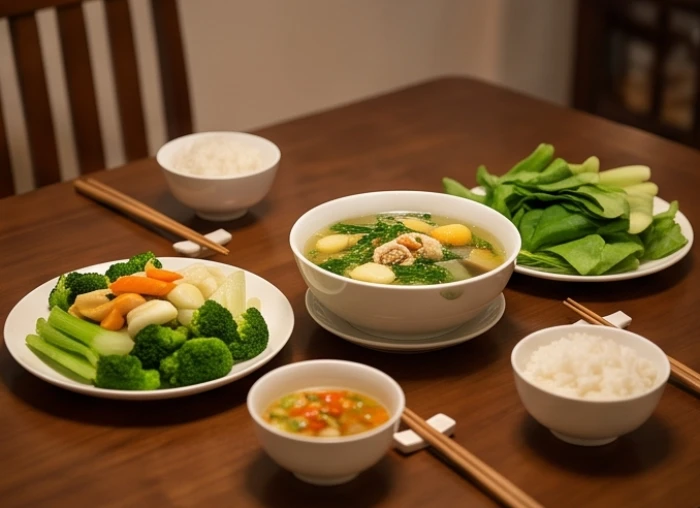 Bữa cơm gia đình ấm cúng với các món ăn thanh đạm giúp bồi bổ sức khỏe cho các thành viên