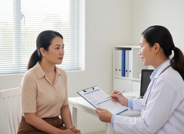Nữ bệnh nhân 32 tuổi nhận tư vấn chăm sóc sức khỏe định kỳ từ bác sĩ trong phòng khám