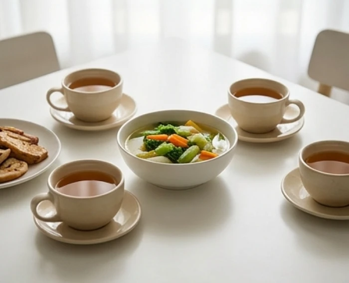 Bữa ăn gia đình ấm cúng với các món nấu chín kỹ và trà thảo mộc bảo vệ đường tiêu hóa