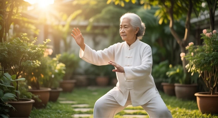 Người cao tuổi Kỷ Hợi 1959 tập dưỡng sinh nhẹ nhàng trong sân vườn xanh mát vào buổi sáng trong lành