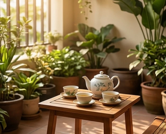 Thưởng thức trà thảo mộc nhẹ nhàng tại góc sân vườn bình yên hỗ trợ duy trì sức khỏe hậu vận nữ canh tý