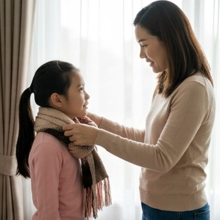 Bé gái đang được mẹ đội mũ ấm và quàng khăn cẩn thận trước khi bước ra khỏi nhà vào buổi sáng