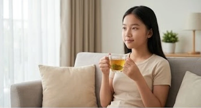 Nữ sinh lớp 9 nghỉ ngơi thư giãn với ly trà ấm sau những giờ ôn tập căng thẳng tại nhà
