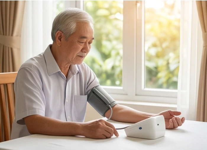 Người đàn ông cao tuổi đo huyết áp tại nhà để chủ động kiểm soát tình trạng tim mạch