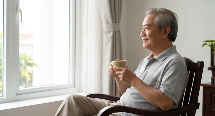 Nam giới Kỷ Hợi 69 tuổi nghỉ ngơi và uống trà thảo mộc để thanh nhiệt cơ thể vào tháng kỵ sao Vân Hớn