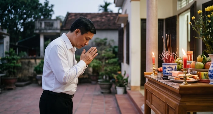 Cụ bà 85 tuổi thần thái bình an ngồi uống trà cùng con cháu bên hiên nhà yên tĩnh vào buổi sáng trong lành