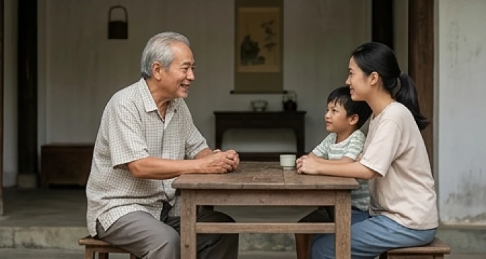 Bữa cơm gia đình đầm ấm giữa ông cụ và con cháu thể hiện sự gắn kết và an vui trong những năm tháng tuổi già