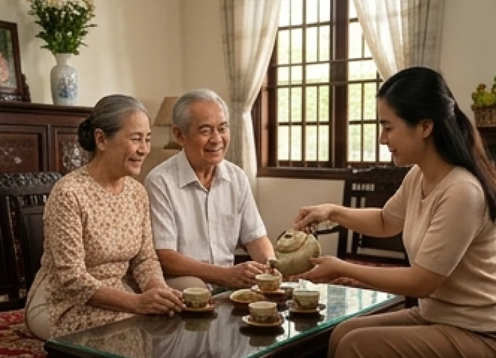 Ông bà lớn tuổi đang được con cháu tận tình chăm sóc sức khỏe tại nhà trong năm Đinh Mùi
