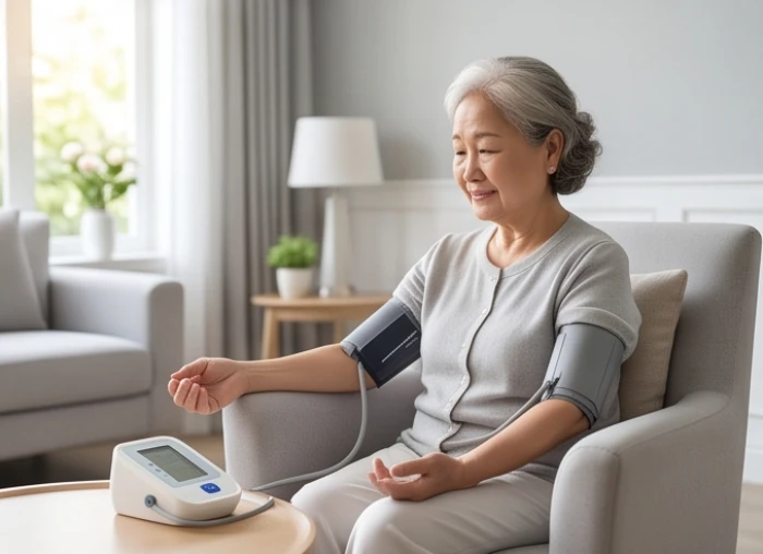 Người cao tuổi ngồi đo huyết áp tại nhà trong một không gian thư giãn ngập tràn ánh sáng