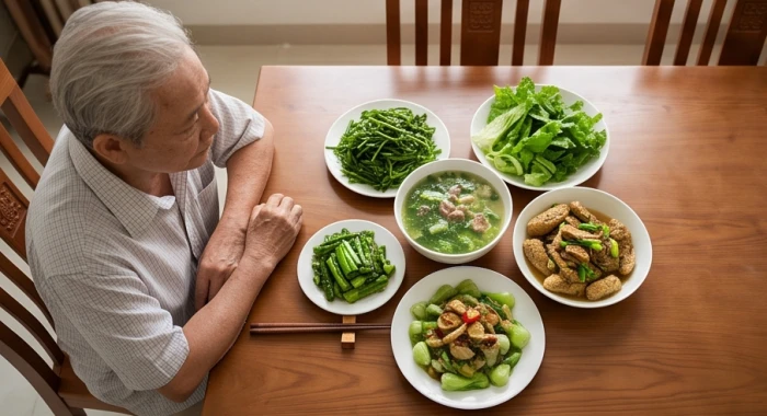 Người cao tuổi đang cẩn thận xem xét thực đơn dinh dưỡng thanh đạm giúp bảo vệ huyết áp và sức khỏe khi về già