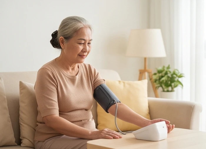 Thăm khám và theo dõi chỉ số huyết áp định kỳ tại nhà cho người lớn tuổi trong thời điểm giao mùa