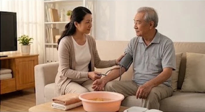 Người con ân cần đo huyết áp định kỳ và ngâm chân nước gừng ấm cho cụ già tại phòng ngủ ấm áp vào mùa đông