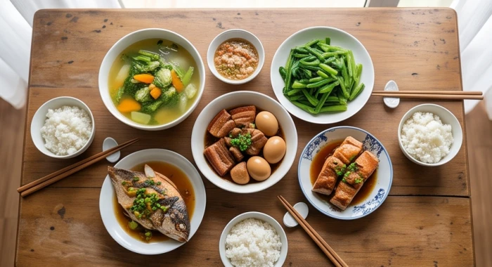 Bữa ăn gia đình ấm cúng với các món mềm dễ tiêu hóa giúp chăm sóc sức khỏe người tuổi Ất Dậu 1945