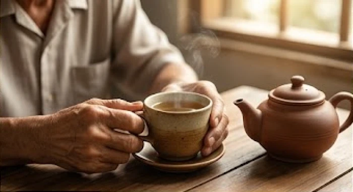 Người cao tuổi uống trà thảo mộc ấm để tăng cường sức khỏe trong năm ngũ hành tương khắc